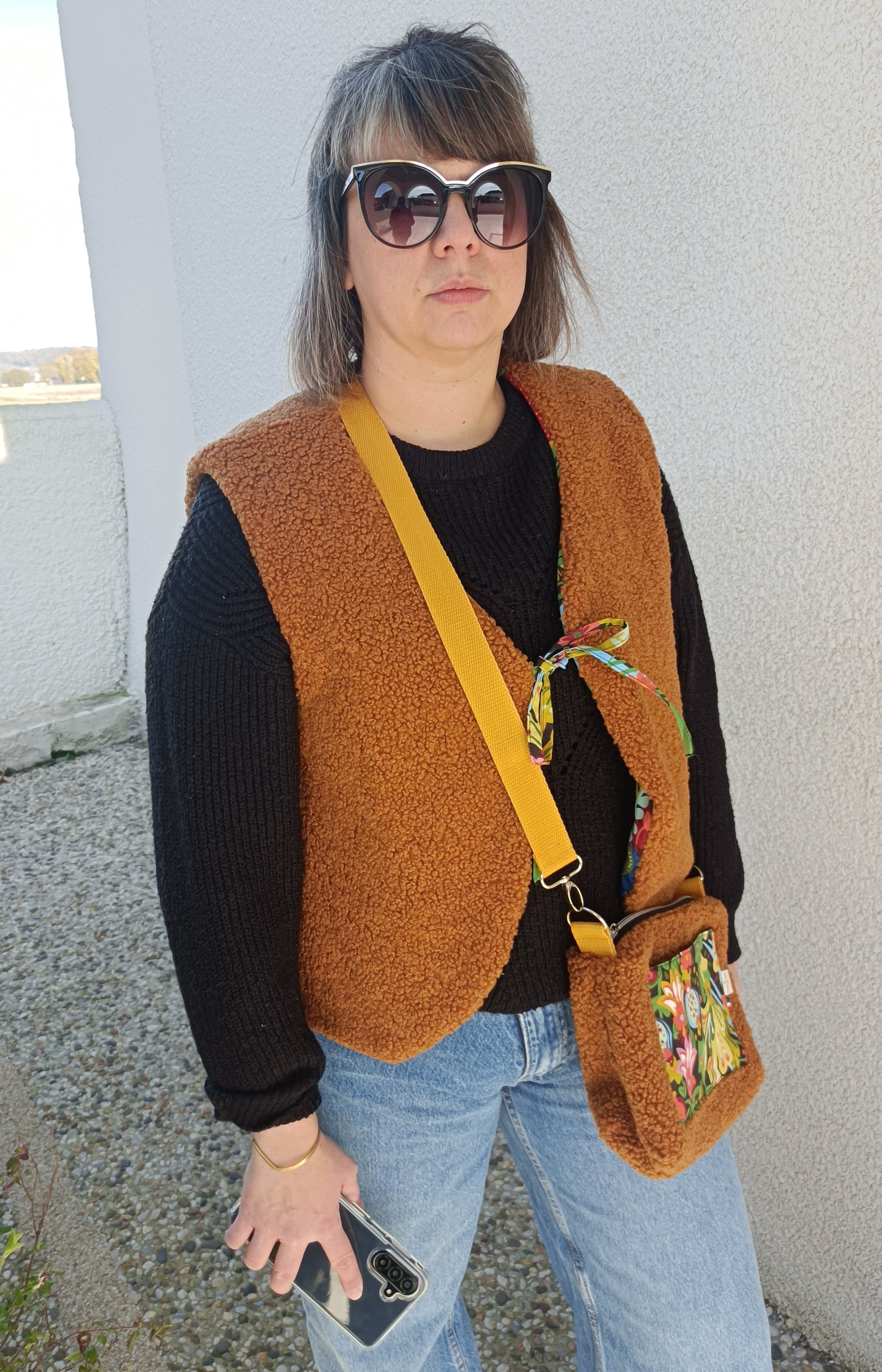 Gilet berger adultes sherpa caramel tissu jungle luxuriante