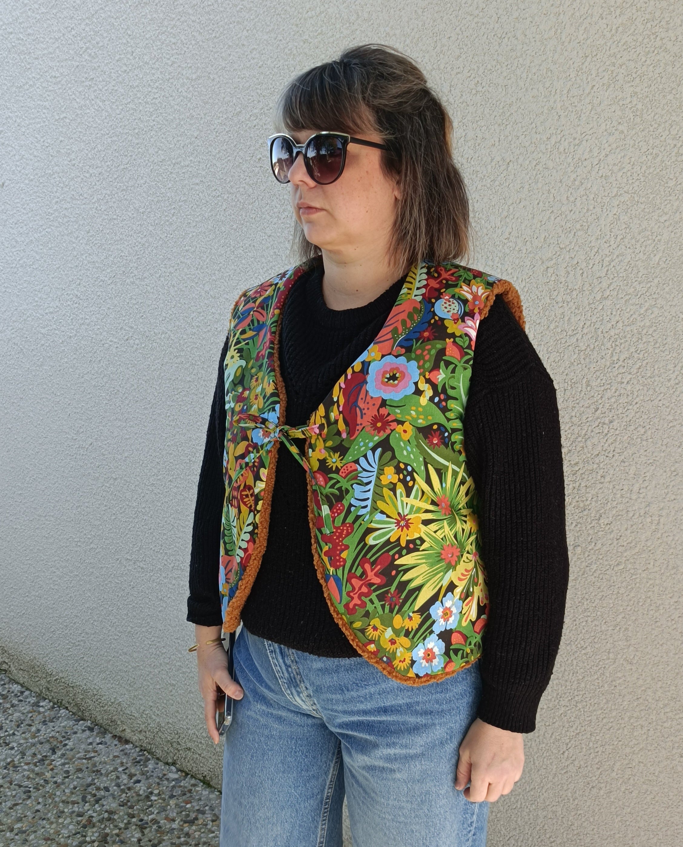 Gilet berger adultes sherpa caramel tissu jungle luxuriante