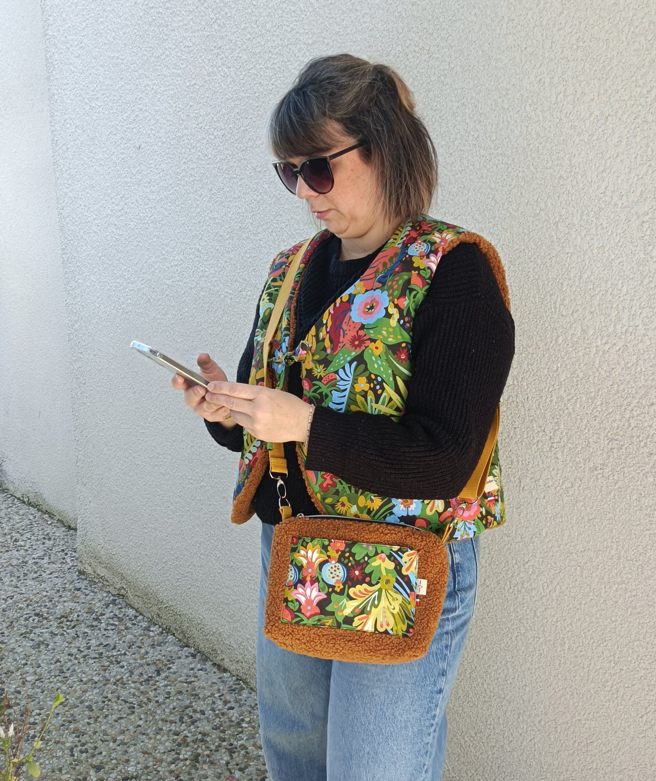 Gilet berger adultes sherpa caramel tissu jungle luxuriante