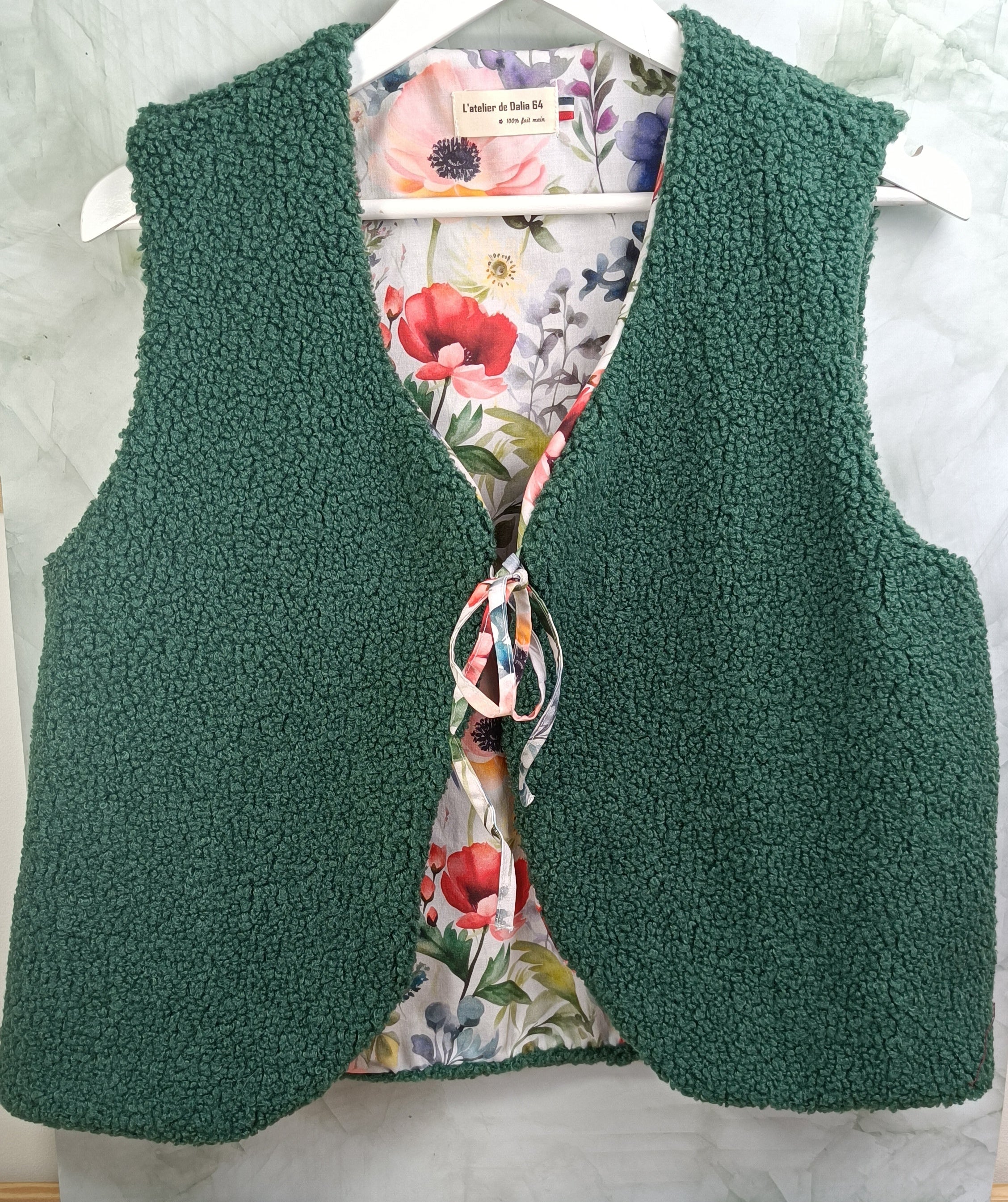 Gilet berger adultes sherpa vert tissu intérieur coquelicot