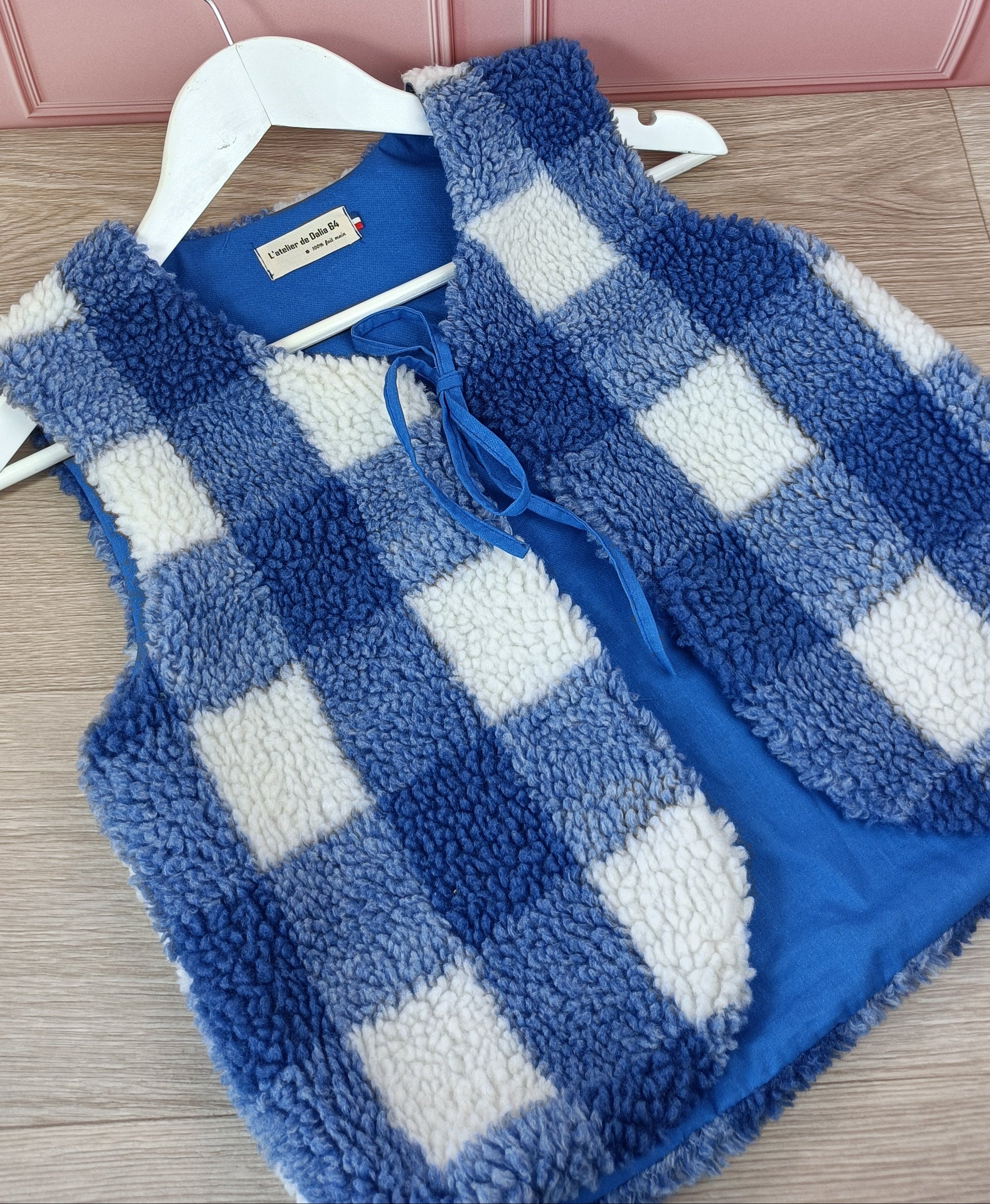 Gilet berger enfant sherpa carreau bleu blanc