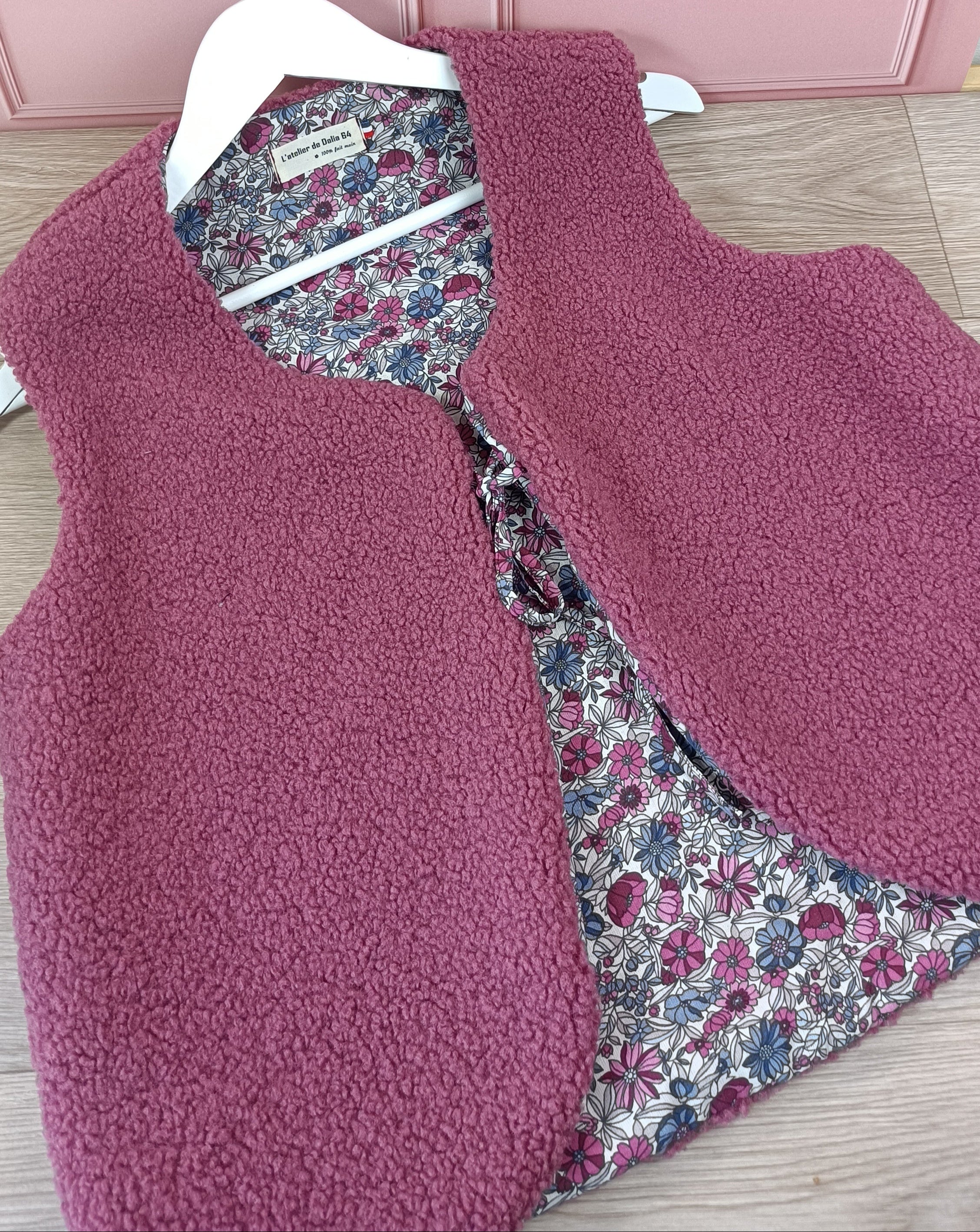 Gilet berger femme sherpa vieux rose tissus intérieur imprimé fleur  