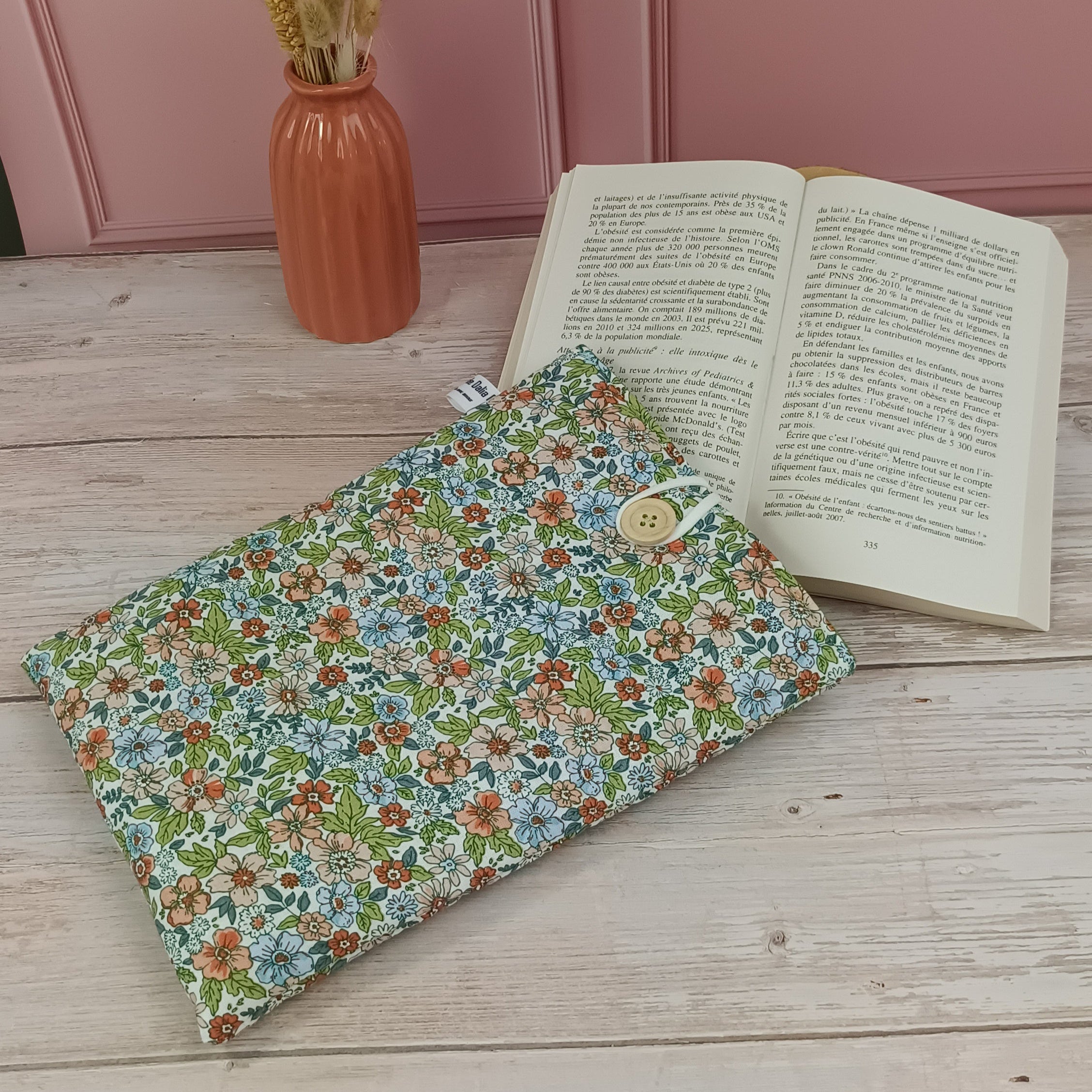 Pochette livre tissu Fleuri vert