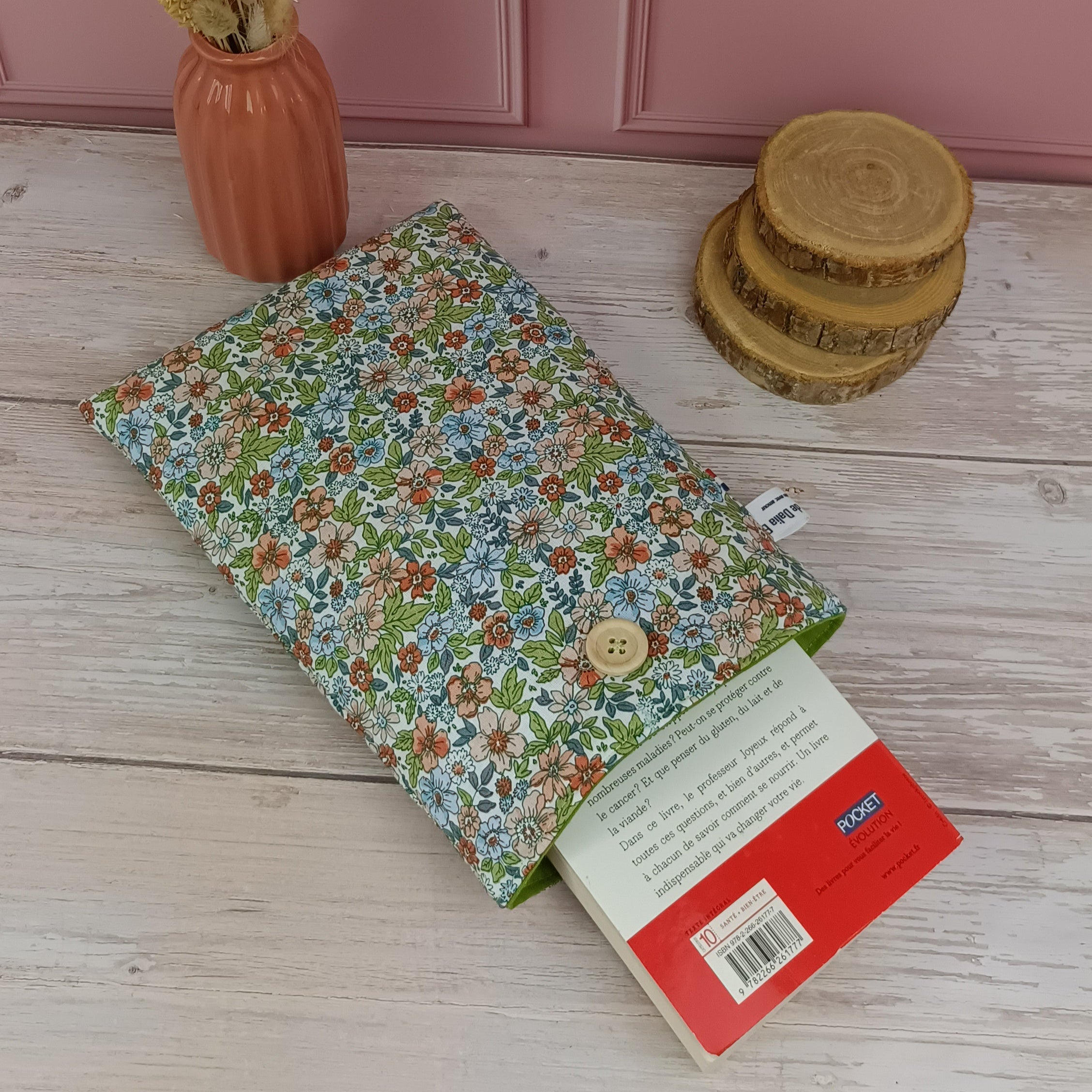 Pochette livre tissu Fleuri vert