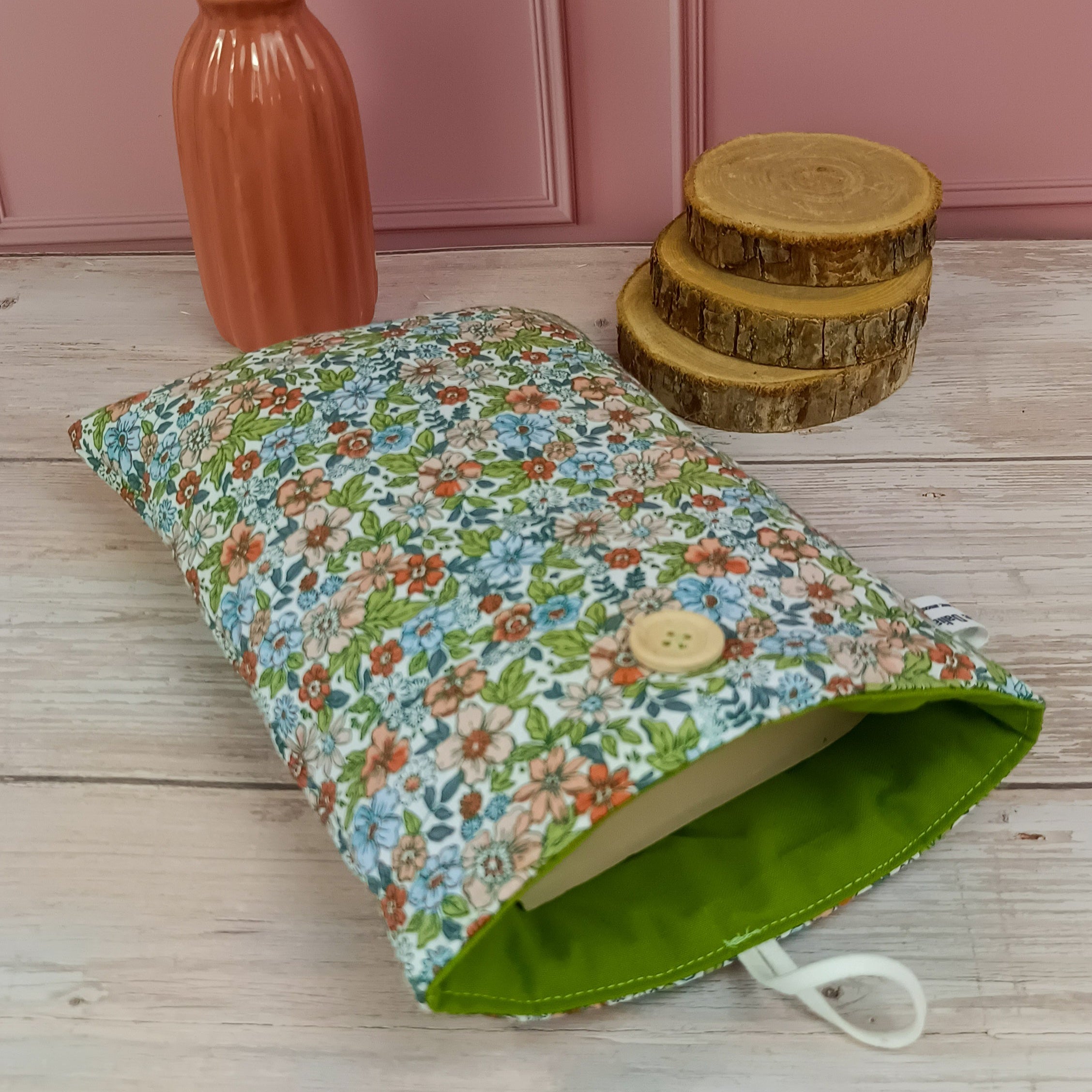 Pochette livre tissu Fleuri vert