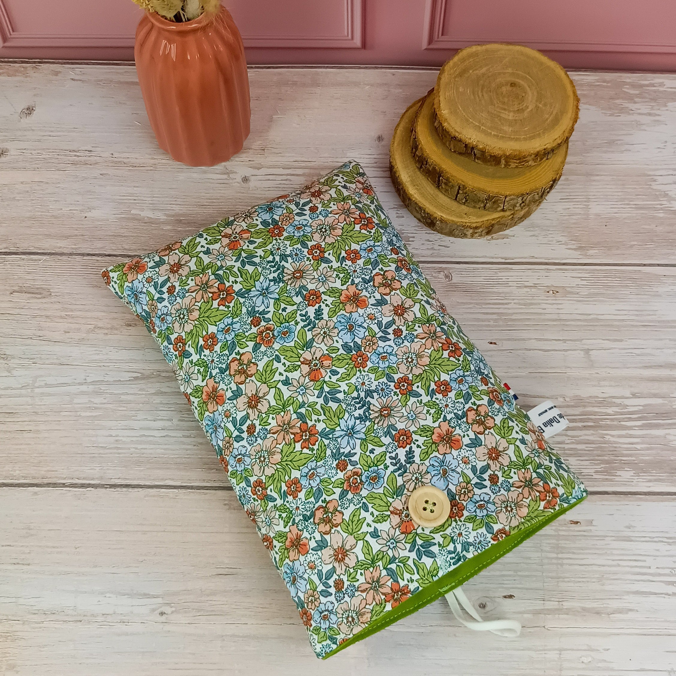 Pochette livre tissu Fleuri vert