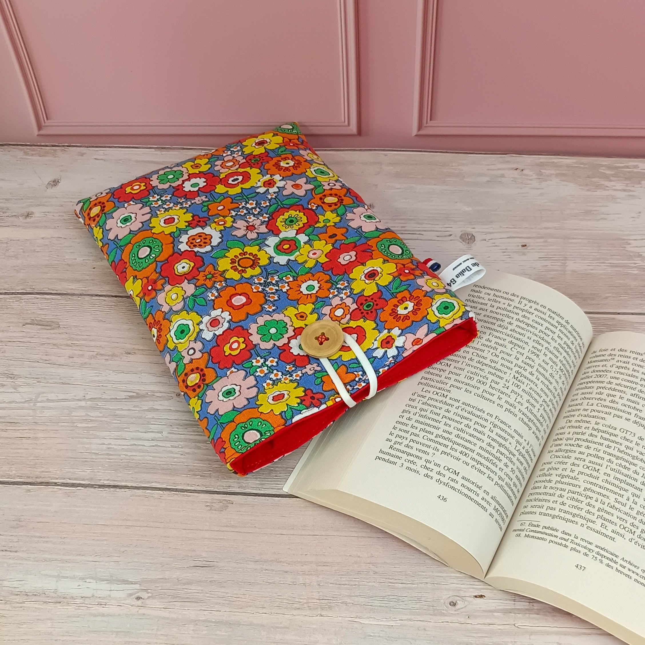 Pochette livre tissu fleurs  rétro bleu