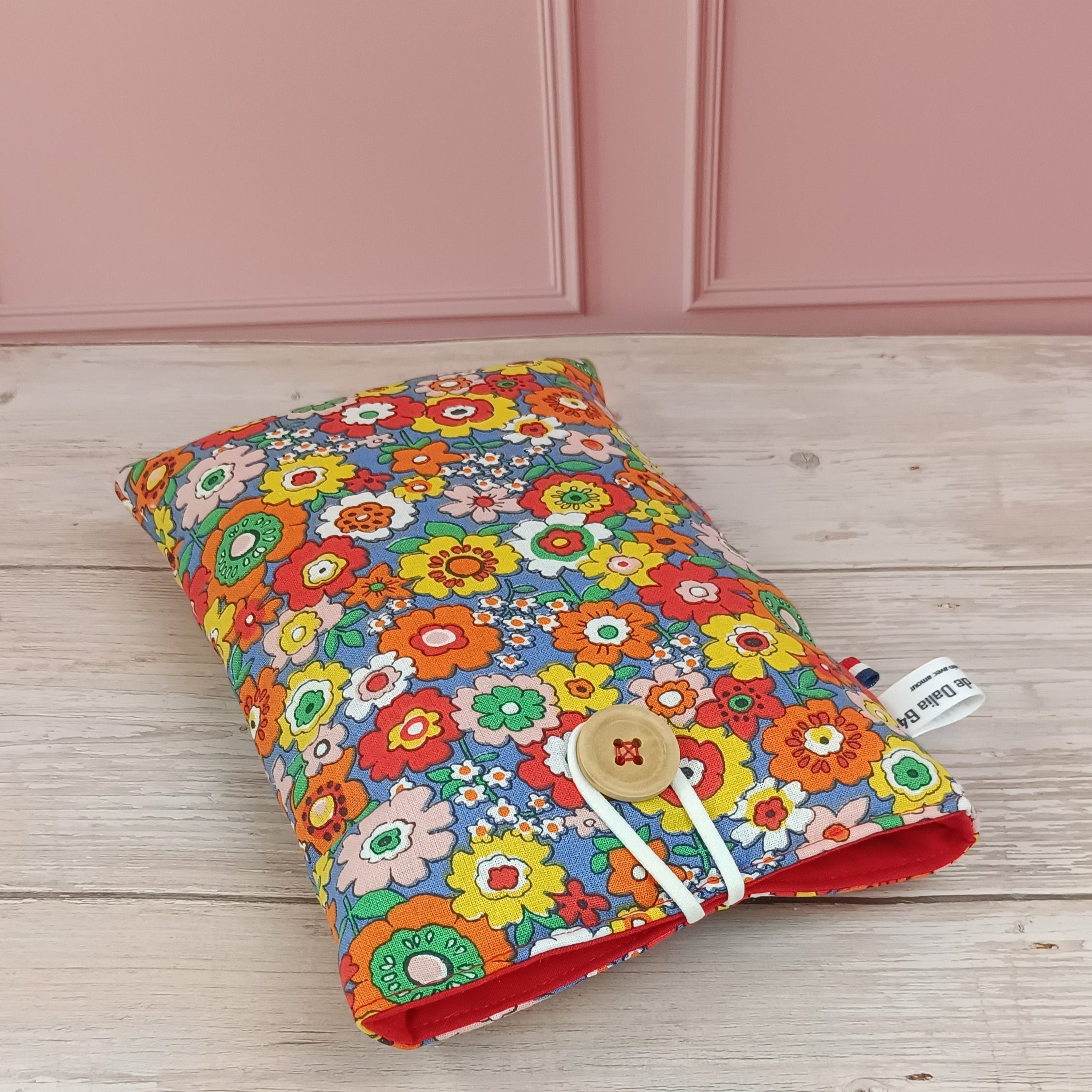 Pochette livre tissu fleurs  rétro bleu