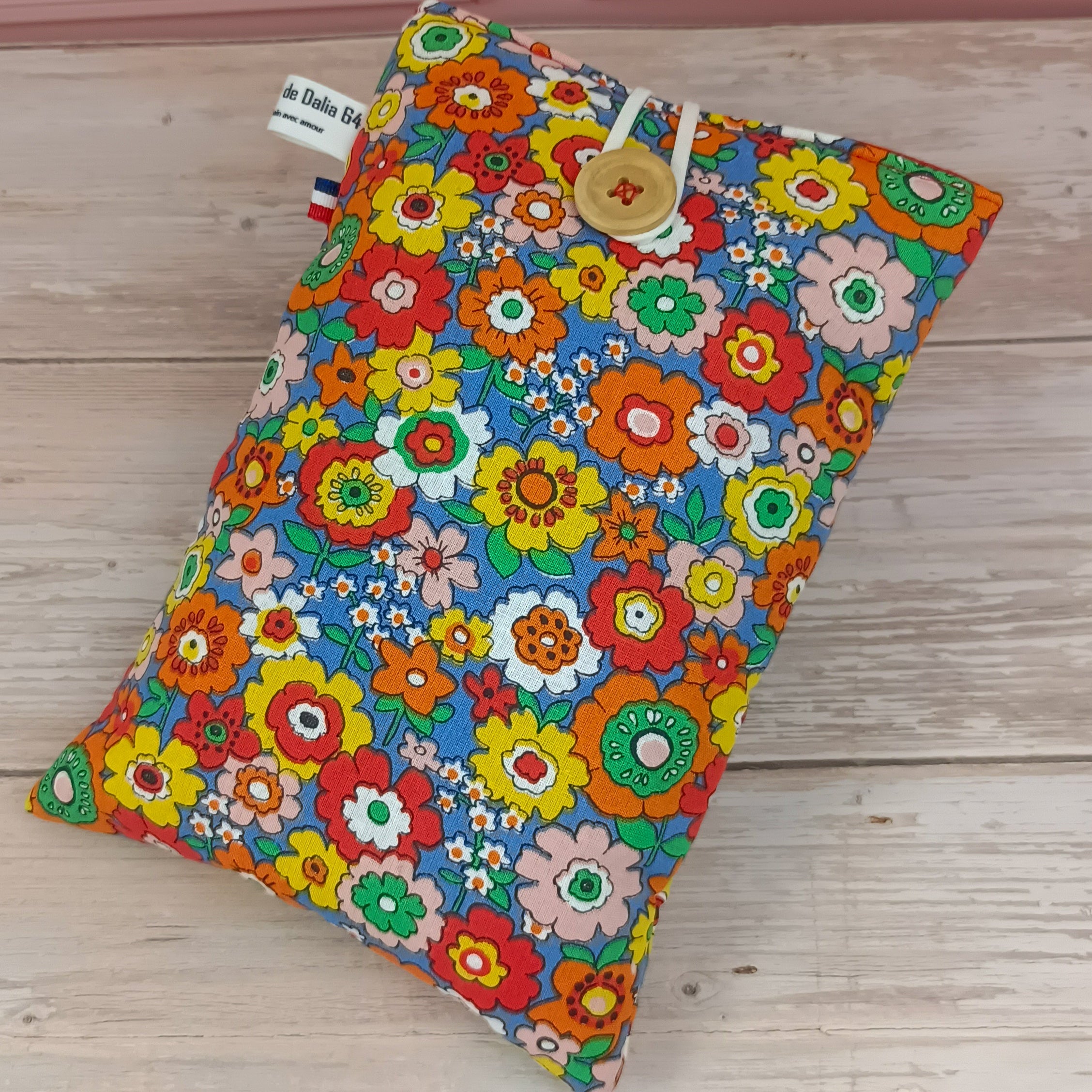 Pochette livre tissu fleurs  rétro bleu