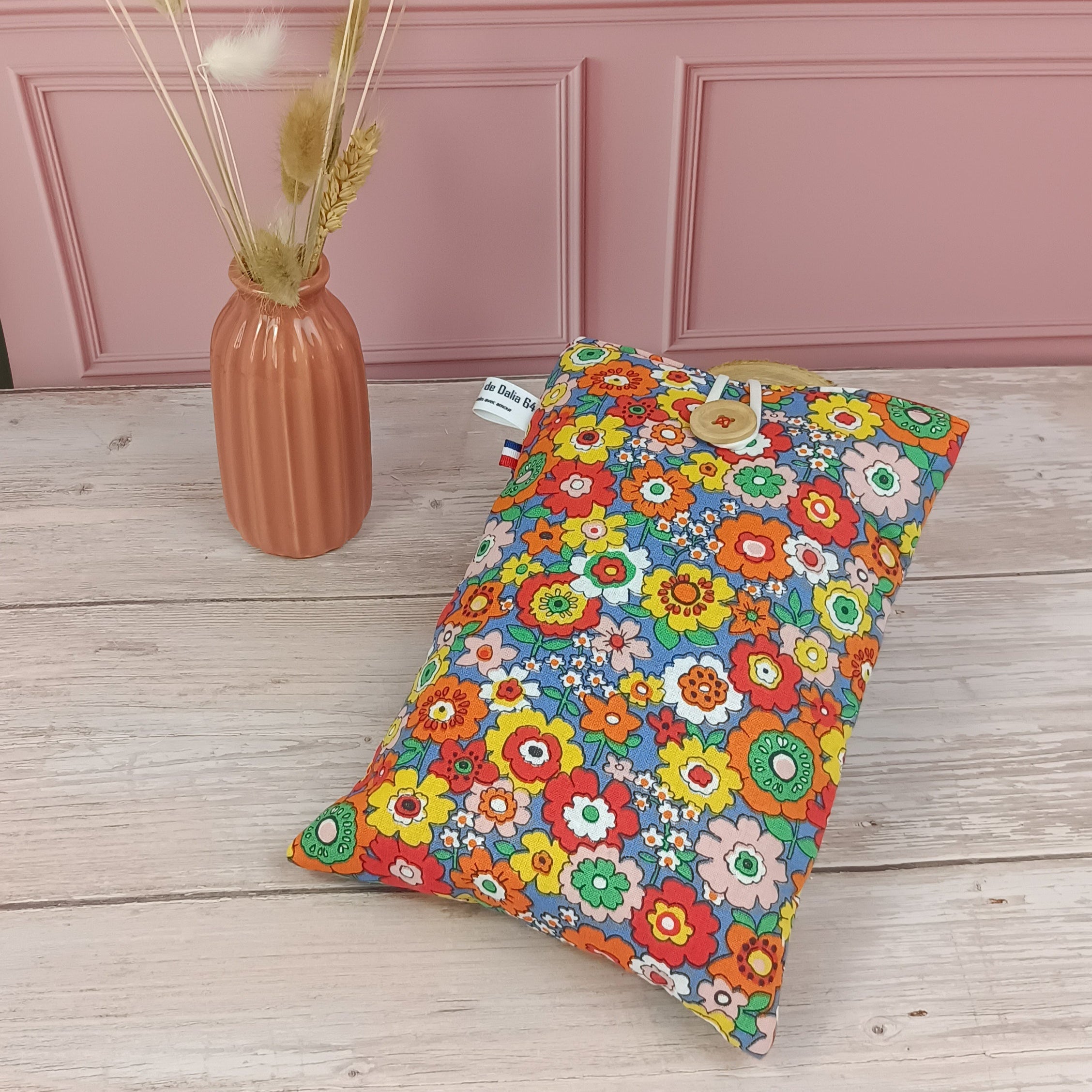 Pochette livre tissu fleurs  rétro bleu