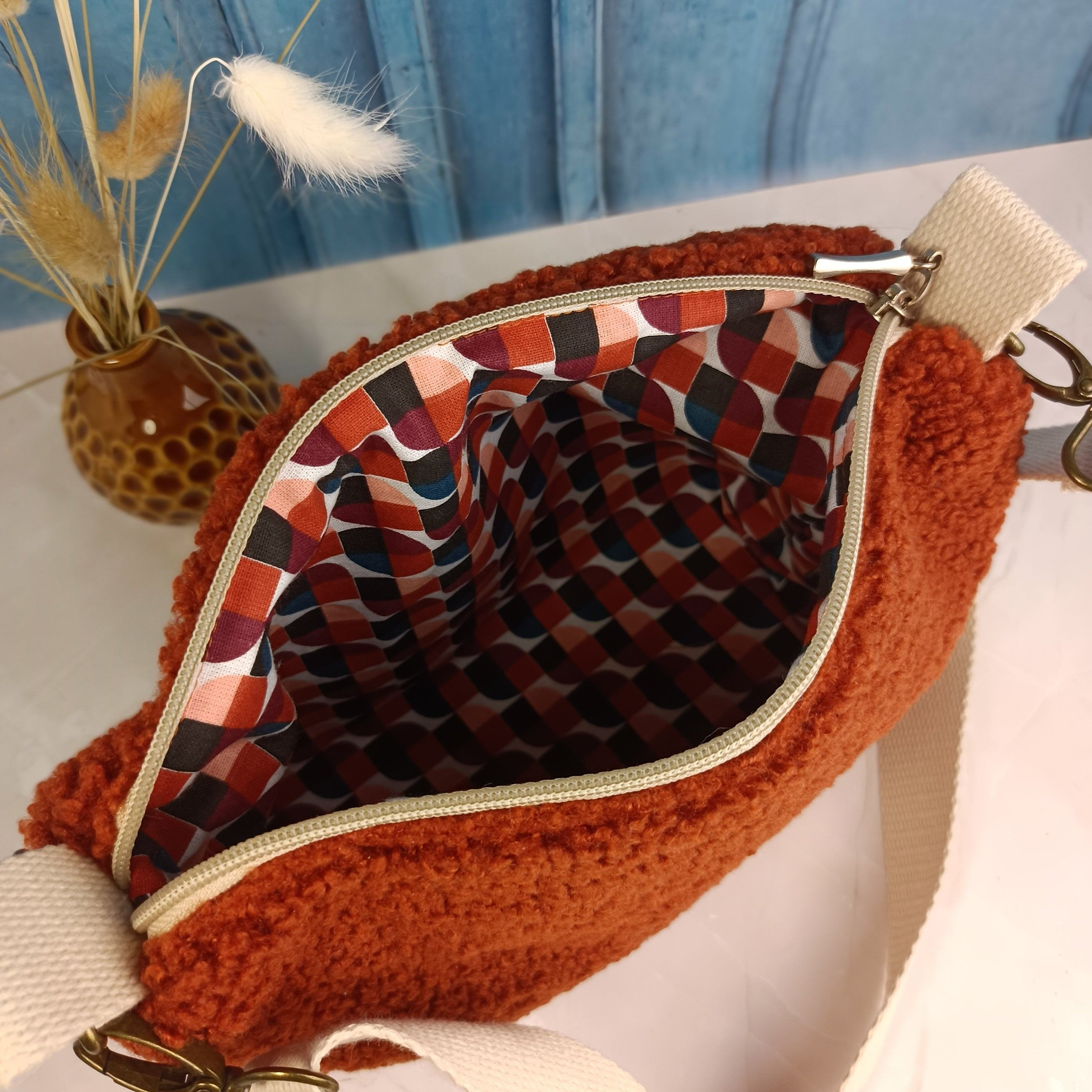 Sac à main bandoulière en sherpa terracotta 