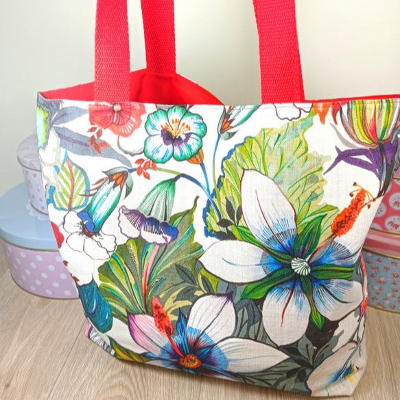 Tote bag cabas et sa pochette assortie - Hibiscus rouge