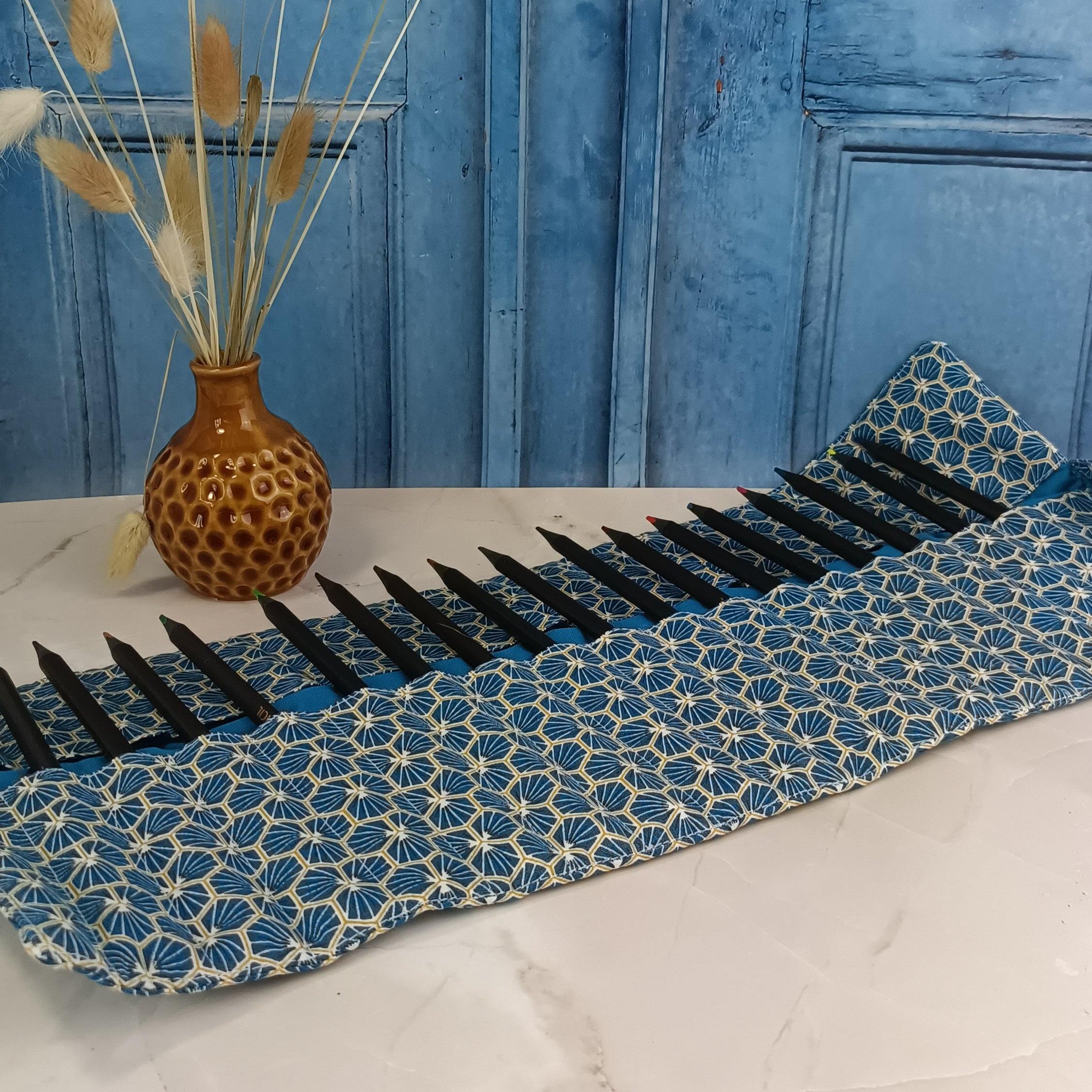 Trousse crayons ou feutres à rouler - Riad turquoise 