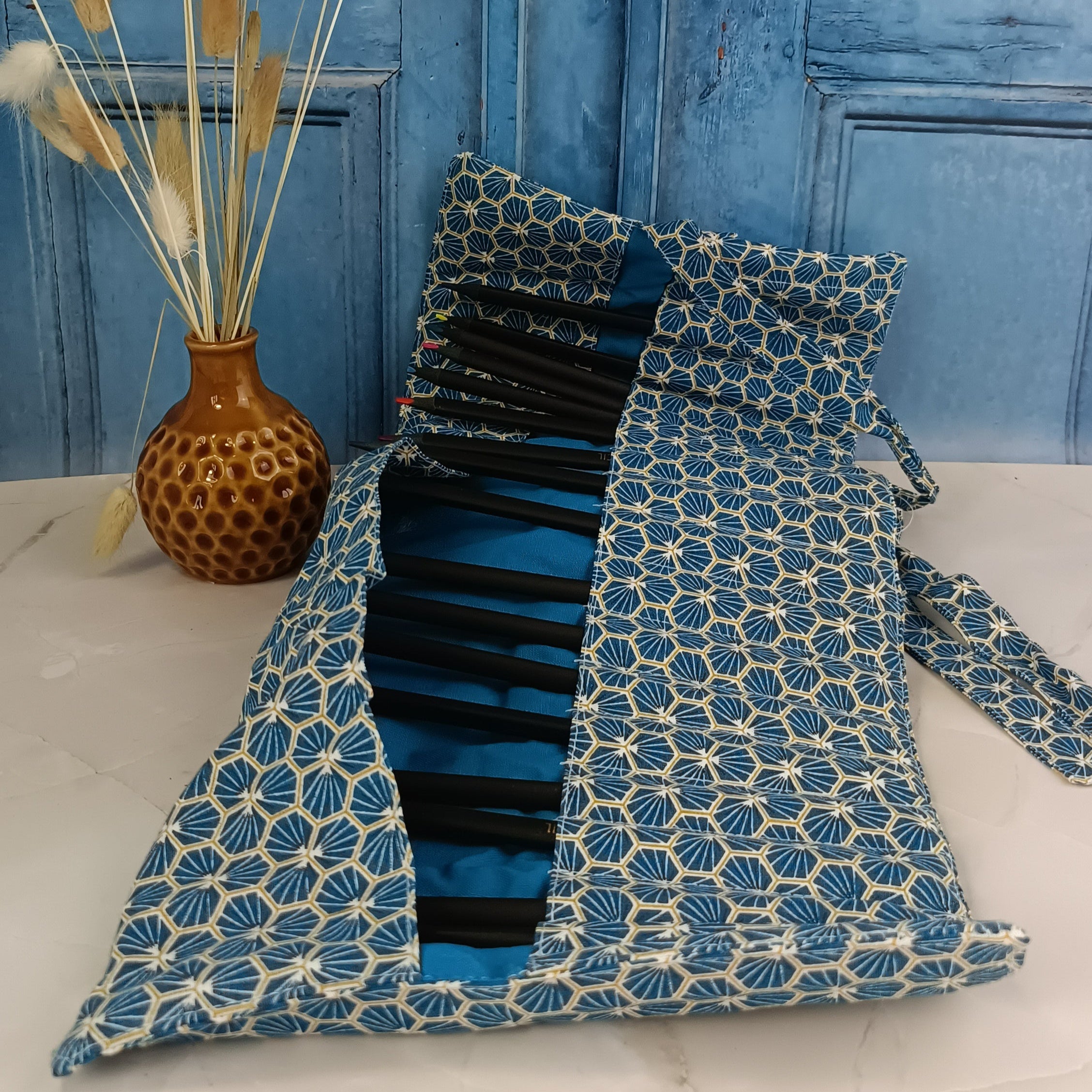 Trousse crayons ou feutres à rouler - Riad turquoise 