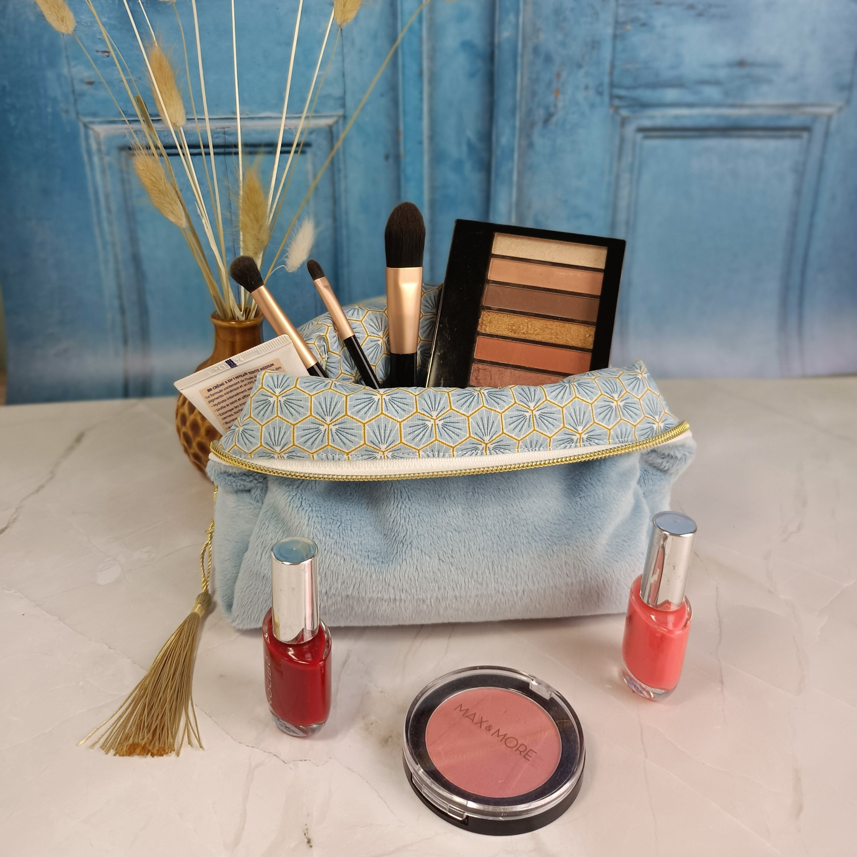 Trousse maquillage bleu imprimé riad bleu ciel 