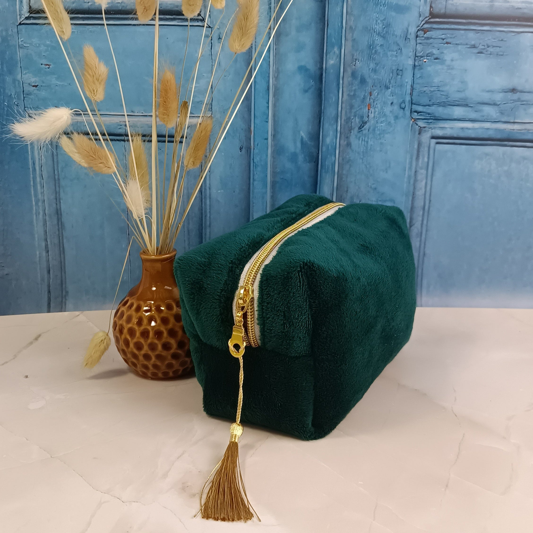 Trousse maquillage vert sapin imprimé glycine jaune 