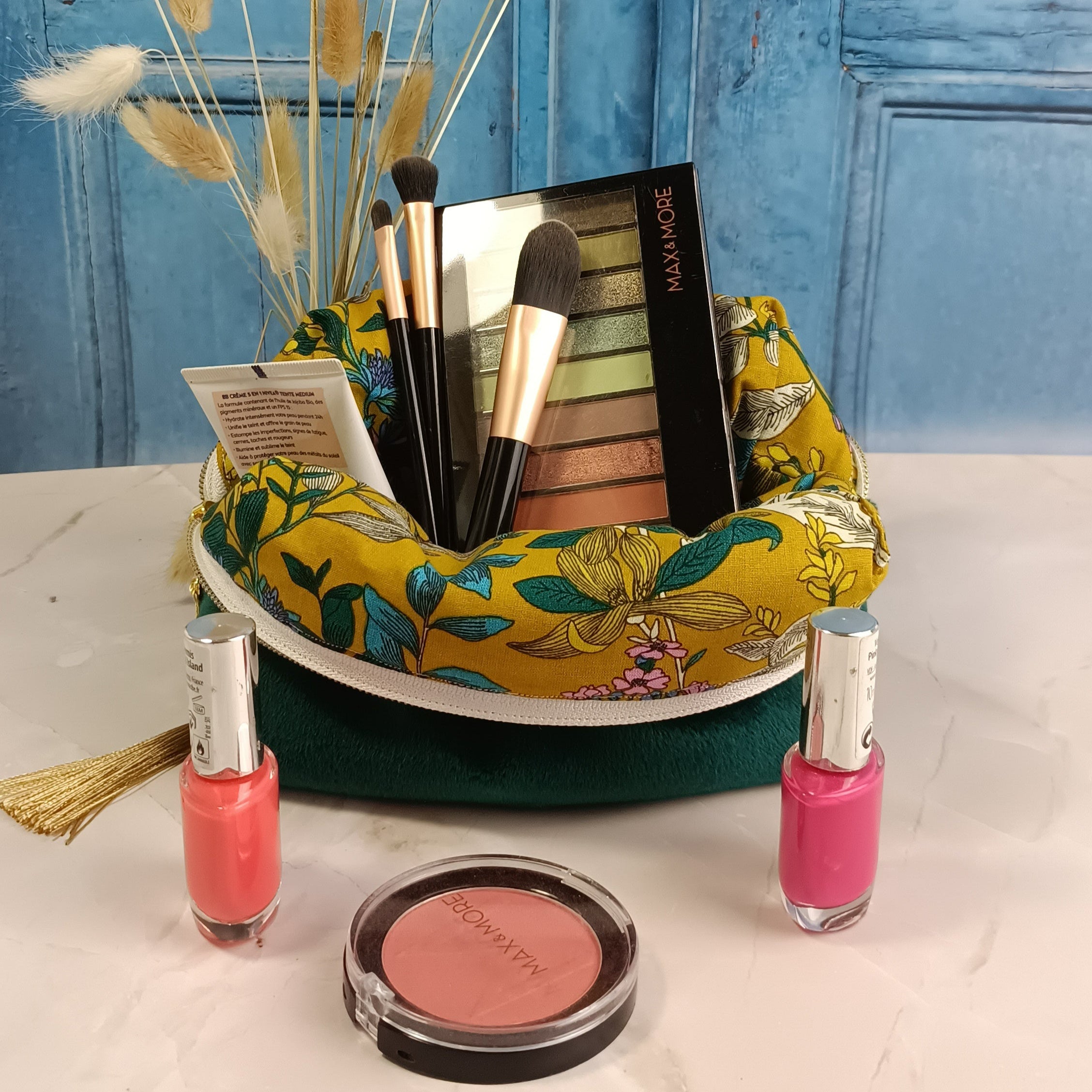 Trousse maquillage vert sapin imprimé glycine jaune 