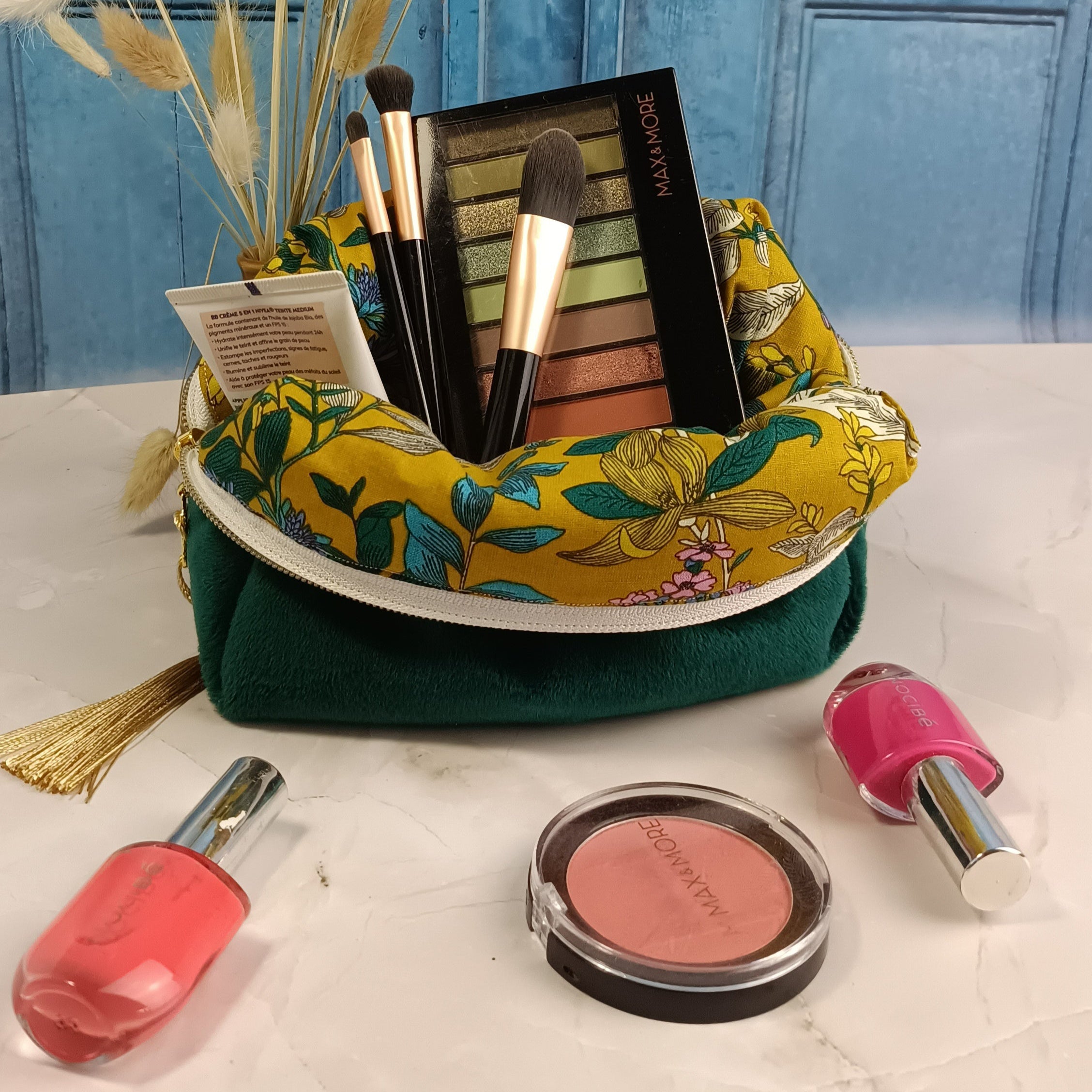 Trousse maquillage vert sapin imprimé glycine jaune 