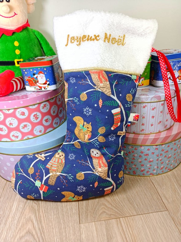 Bottes de Noël - Tissu imprimé au choix - Fourrure rouge ou blanc- Personnalisées avec du flex