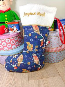 Bottes de Noël - Tissu imprimé au choix - Fourrure rouge ou blanc- Personnalisées avec du flex