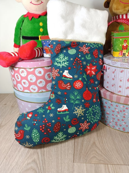 Bottes de Noël - Tissu imprimé au choix - Fourrure rouge ou blanc- Personnalisées avec du flex