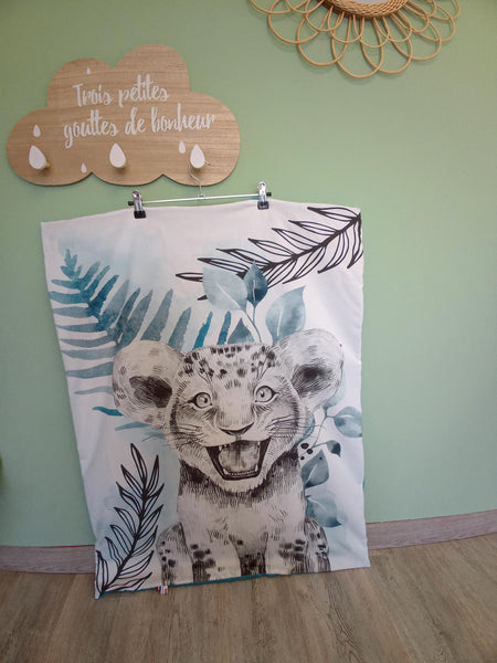 Couverture bébé - Panneau lionceau - savane bleu - idée cadeau naissance