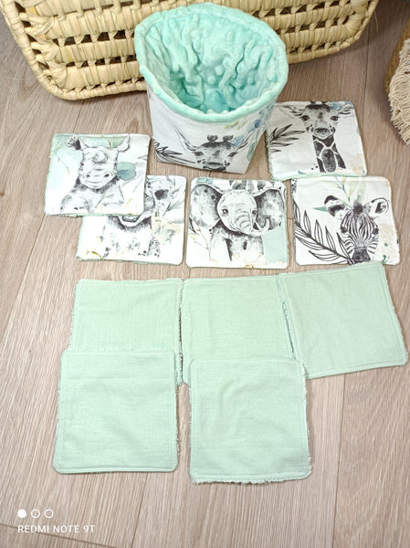 Lingettes lavables dans sa panière  - 10 lingettes - Collection Savane vert clair - idée cadeau naissance