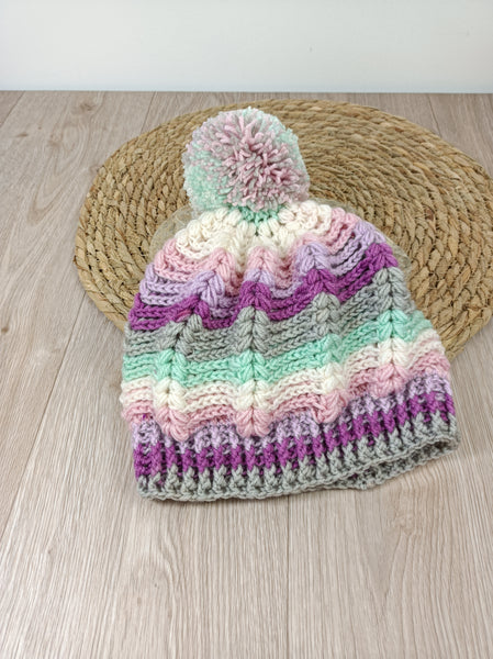 Bonnet laine fille - Aztèque - crocheté à la main taille S