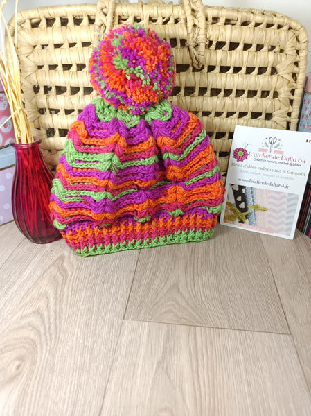 Bonnet laine fille - Aztèque - crocheté à la main taille S