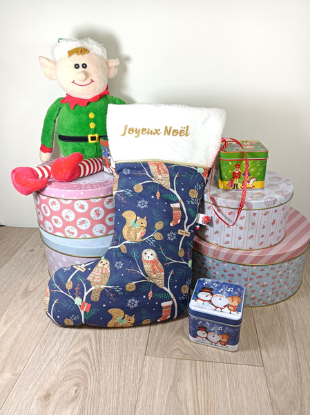 Bottes de Noël - Tissu imprimé au choix - Fourrure rouge ou blanc- Personnalisées avec du flex
