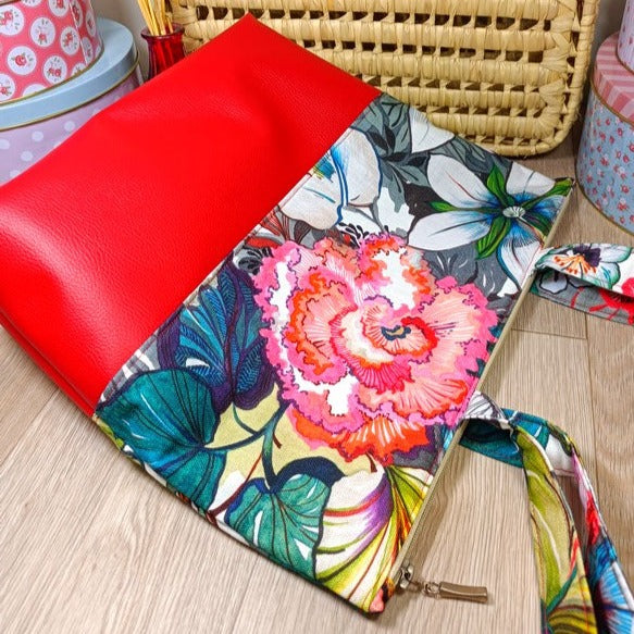 Sac cabas simili et tissu - Hibiscus rouge