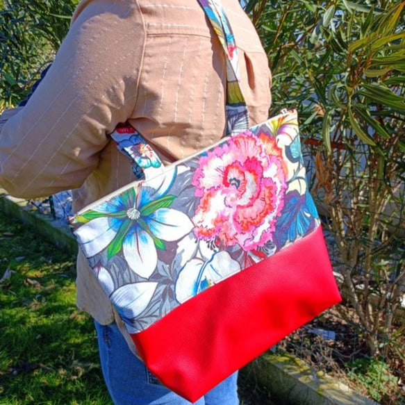 Sac cabas simili et tissu - Hibiscus rouge
