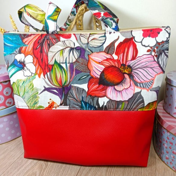 Sac cabas simili et tissu - Hibiscus rouge