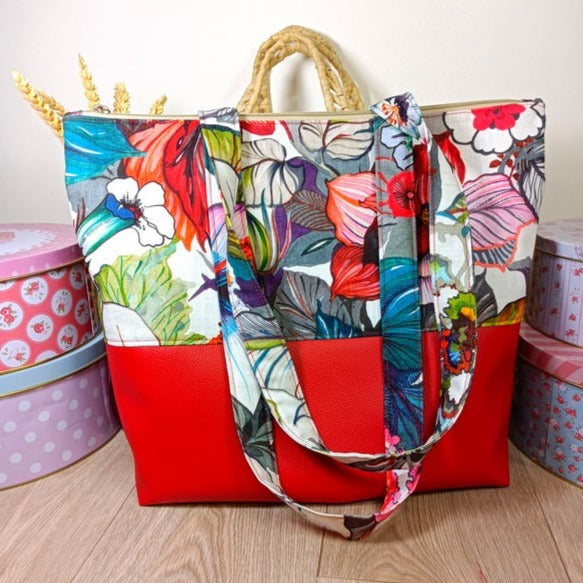 Sac cabas simili et tissu - Hibiscus rouge