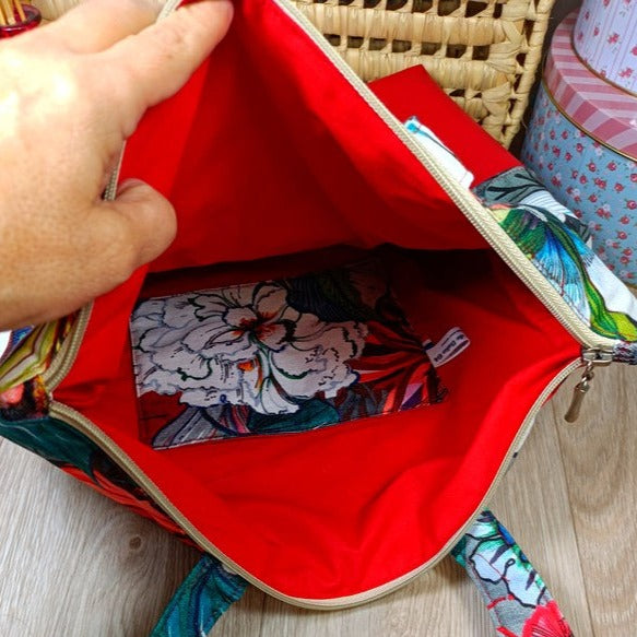 Sac cabas simili et tissu - Hibiscus rouge