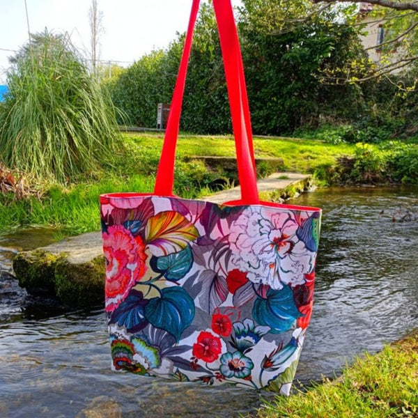 Tote bag cabas et sa pochette assortie - Hibiscus rouge