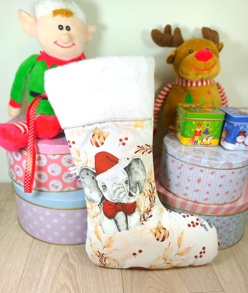 Bottes de Noël - Tissu imprimé au choix - Fourrure rouge ou blanc- Personnalisées avec du flex