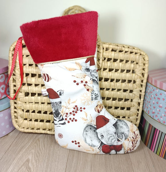 Bottes de Noël - Tissu imprimé au choix - Fourrure rouge ou blanc- Personnalisées avec du flex