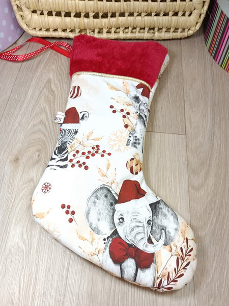 Bottes de Noël - Tissu imprimé au choix - Fourrure rouge ou blanc- Personnalisées avec du flex