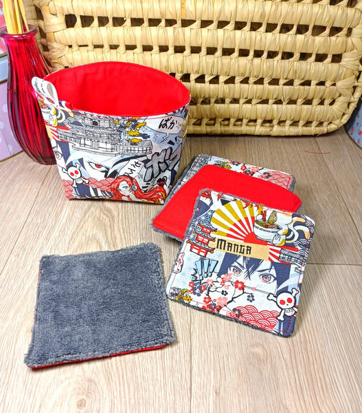 Lingettes lavables dans sa petite panière assortis thème Manga rouge et noir