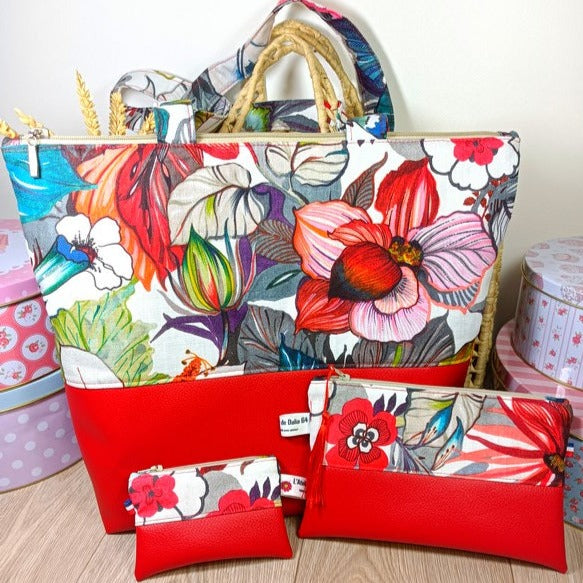 Sac cabas simili et tissu - Hibiscus rouge